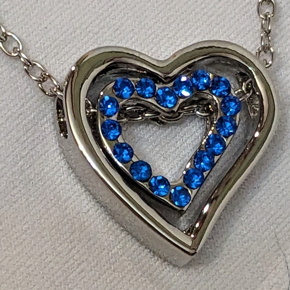 NEW September Sapphire 18K White Gold Pl Double Heart Spinner Pendant Necklace - Picture 3 of 9